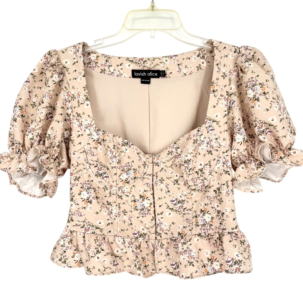 Lavish Alice Cream Floral Underwire Sweetheart Corset Puff Sleeve Peplum Top - 6